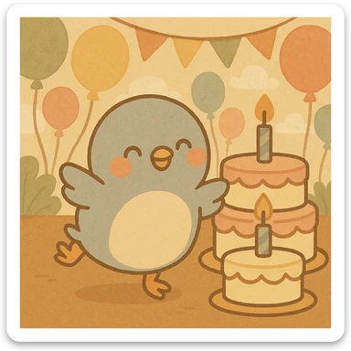 Change the background to a party venue with pastel-tone balloons and party decorations. Keep the baby pigeon dancing in front of the cake as is. The style should be round, cute, and soft. sticker