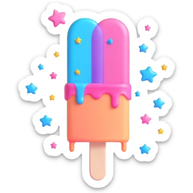 A 3D iOS style emoji of a melting popsicle with a pink and blue color scheme, surrounded by stars and sparkles. sticker