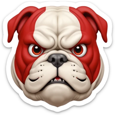 Create a fierce bulldog head emoji facing forward.
Strong jaw, deep wrinkles, and an intense scowl.
Small folded ears, sharp focused eyes, slight underbite with two visible fangs.
Style: modern esport mascot — clean lines, high contrast, intimidating but iconic.
Transparent background. sticker