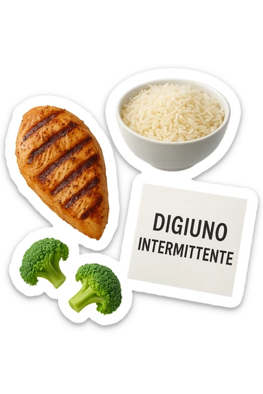 petto di pollo grigliato, bowl di riso basmati e broccoletti fluttuano in aria insieme ad un foglio con la scritta "DIGIUNO INTERMITTENTE", iperrealistico 4k sticker
