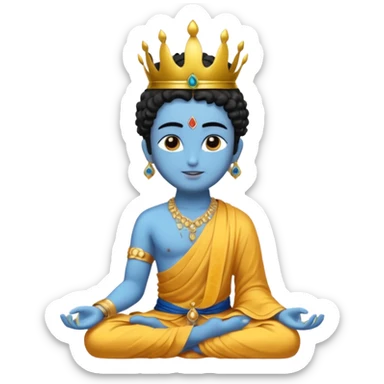 Create a Jesus, Krishna, and Buddha standing together. Krishna: bright blue skin, black curly hair tied in a small topknot, a tiny golden crown decorated with a peacock feather, wearing a yellow dhoti and light golden jewelry

 sticker