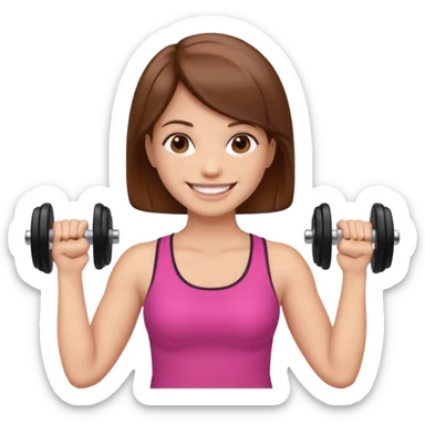 woman holding dumbbell in one hand and face roller in another, smiling, emoji style sticker