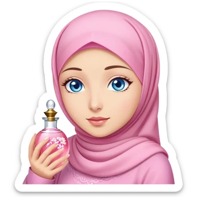 Turkish beautiful finish Konya girl blue eyes with light sakura and pink hijab islamic dress and She's wearing sakura perfume sticker