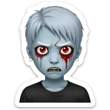3D emoji-style avatar with very pale blue-grey zombie skin , a young Asian face, and large eyes with blood tears. Give it white litle bit messy mullet hair style , silver hoop earrings, and a plain black T-shirt. The face expression should be slightly angry, with vampire fang sticker