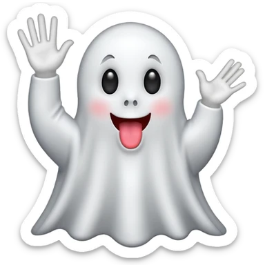 ghost emoji with tongue out with one hand up and one down and 6 above the left hand and 7 above the right hand sticker