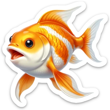 Cinematic Cute Yawning Orange and White Goldfish Portrait Emoji, Head tilted slightly with a dramatic, wide-open yawn, showcasing a smooth body with a balanced blend of orange and white, graceful fins slightly drooping, round golden eyes barely open in drowsy contentment, Simplified yet irresistibly adorable features, highly detailed, glowing with a soft, cozy glow, high shine, relaxed yet expressive, stylized with a touch of whimsy, bright and endearing, soft glowing outline, capturing the essence of a sleepy yet affectionate goldfish, so drowsy it feels like it could float out of the screen and curl up for a nap! sticker