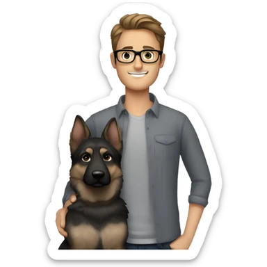 a handsome guy with brown hair, black thin stylish glasses and grey eyes hugging he grey german shepherd sticker