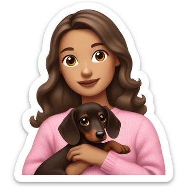  white girl with dark brown long wavy hair in a pink sweater holds a dark brown and cream dachshund long-haired puppy in her arms sticker