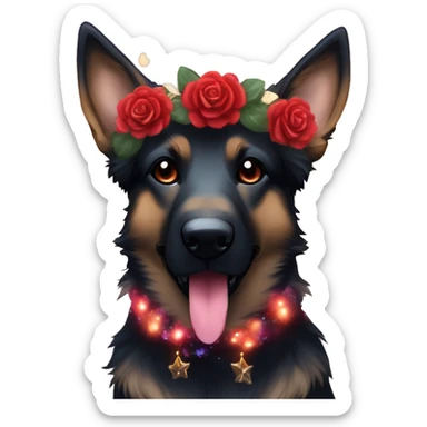 Bokeh Midnight constellation night stars Brindled striped brindle black German shepherd fox carrying glowing red lantern, fairy lights, rose flower crown, bokeh lights, out of focus blur sticker