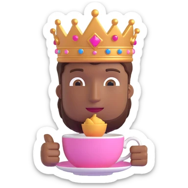 brown skin male emoji, pink crown, sipping from a teacup, peaceful and elegant sticker