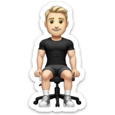 Pale skinned Fit Man With the biceps and dark brown hair in black shirt, gray sports shorts and white Sneakers Sitting on a chair sticker