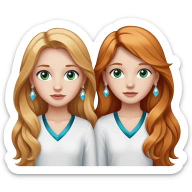 two girls top halfs, one with long wavy strawberry blonde hair and greenish blue eyes, white diamond earrings and wearing white, the other with straight black long hair, brown eyes, silver earrings and wearing black sticker