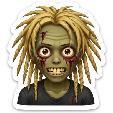 zombie with brown skin, messy gold dreads hair, wide centered brown eyes, dark bloody marks under the eyes, and a smile showing shiny metal teeth,black shirt, giving a distressed, undead look. sticker