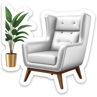 angled smartphone in foreground with clear display of an armchair product page on the screen, with sparkle on the left side sticker