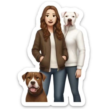 white woman with long brown hair in a furry jacket standing alongside a white pitbull with a brown patch around his eye sticker