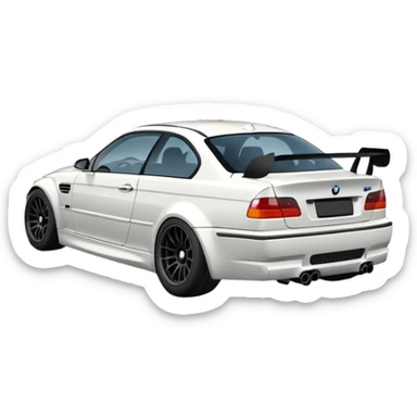 
A white BMW M3 E46 is shown drifting through a corner from a rear-view angle, with a slight wisp of smoke rising from the back and the wheels positioned at a certain angle relative to the turn. sticker