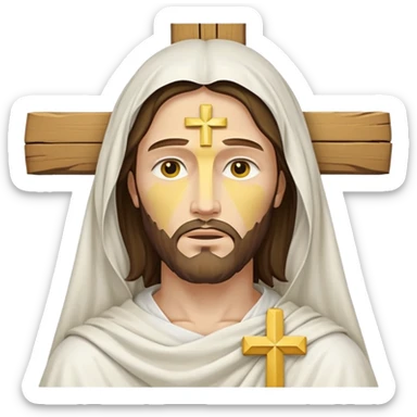 Christian cross with a white cloth draped over it and Jesus Christ on it, simplified, iconic, yellow face, gentle expression sticker