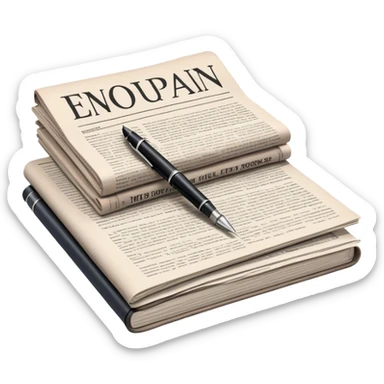 Create an emoji representing journalism and publicistic writing. The design should feature a stack of newspapers, an open notebook with visible text, and a single fountain pen placed near the notebook, symbolizing the act of writing. Use neutral, professional colors like black, white, and muted tones to convey a sense of seriousness and intellect. Do not include any emojis or smiley faces. Make the background transparent. sticker