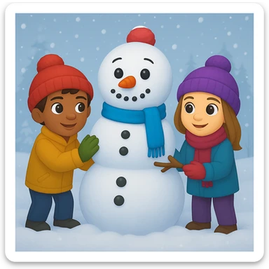 Show two different kids (different hair and clothing colors) building a snowman in a snowy background, keep the emoji style sticker
