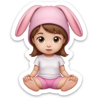 Kawaii baby girl emoji, sitting, brown hair, big eyes, pink bunny ear hat, white t-shirt, pink shorts sticker