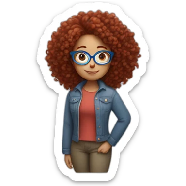 A curvy girl with dark red curly hair and blue glasses in full body in Pixar style sticker