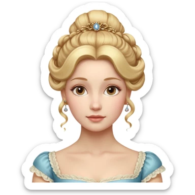 Cinematic Realistic Rococo Portrait, depicted with lifelike skin texture, subtle rosy undertones, and soft natural lighting that enhances the gentle contours of her face. Her intricately detailed golden blonde hair is elegantly styled in an updo, sticker