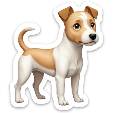 a full body facing front on of a buff white parson russell terrier looking dog the size of a kelpie with light brown long ears resting on its face and a light brown patch above one eye and a large snout. the rest of the dog is completely white.  sticker