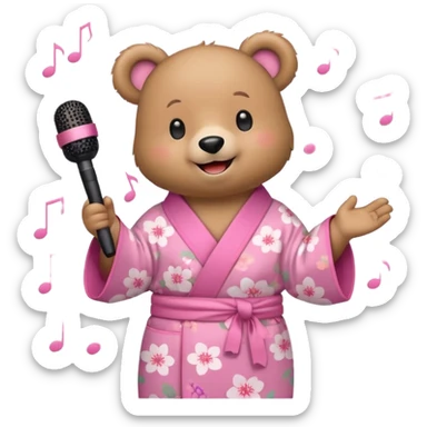A cute light-brown bear wearing a pastel pink sakura-patterned kimono, normal balanced body ratio.  
Holding a microphone and singing happily, music notes floating around and a bright joyful smile.  
Kawaii emoji style, minimalistic clean sticker illustration, white background. sticker