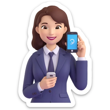 3D illustration of a professional woman standing and using a phone, smiling, business attire, confident and approachable sticker
