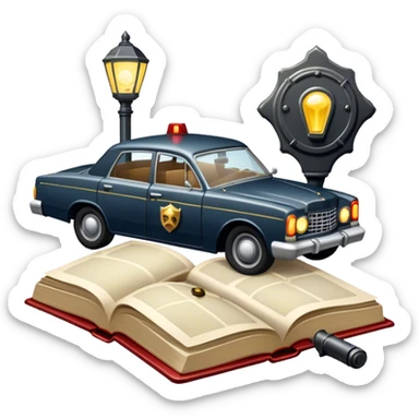 Icon for Action & Crime Reading: an open book with dramatic crime scenes—bullet holes on pages, a detective badge, a revolver and a getaway car. Surrounding elements include a flickering streetlight. Transparent background. sticker
