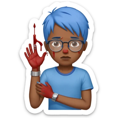 draw a black boy with glasses and blue hair cutting his wrist while bleeding not crying blood and with a neutral peaceful expression on his face sticker