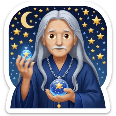 The Dream Interpreter will be depicted as an elderly figure with long, silver hair and a piercing gaze.  He will be dressed in a long, dark blue robe, decorated with embroidered stars and moons.  🌟 He will hold a crystal ball 🔮 in his hand, in which hazy images of dreams can be seen sticker