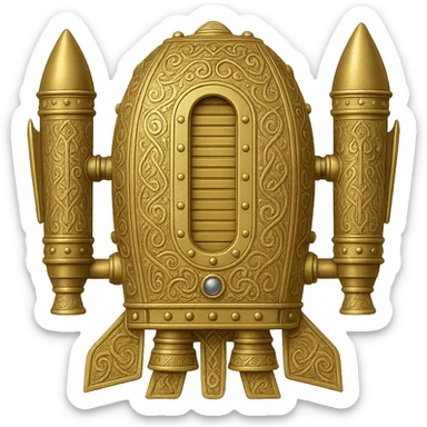 Create a gold ancient wide jetpack with rocket projectiles on both sides, back view, no fire, with engraved patterns in the style of apple emojis. Make it a variant with extra bolts and a different lower fin design. No background. sticker