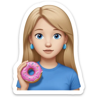 una ragazza dall‘ età di 19 anni con capelli biondo scuro lunghi e lisci ,  occhi celesti,  con addosso una maglietta con una ciambella e le cuffie airpods (bianche) ascoltando violetta sticker