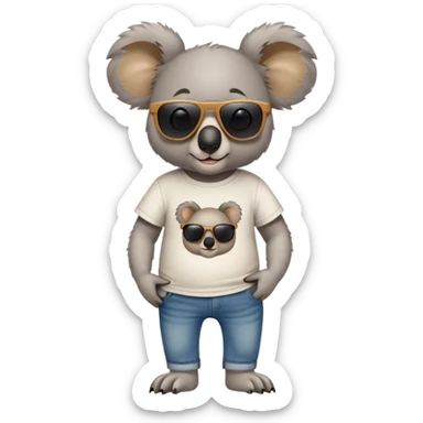 anthropomorphised koala in a 'Go' t-shirt and jeans with dark sunglasses walking upright, relaxed pose sticker