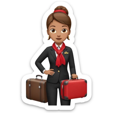 flight attendant, Light Brown skin, brown hair in single bun, neck scarf, suitcase sticker
