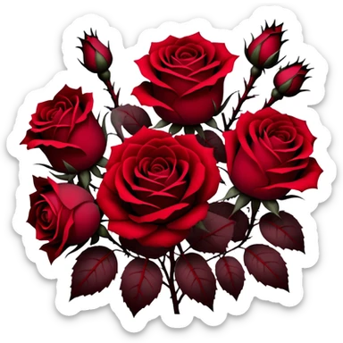 A hauntingly beautiful scene of deep red Gothic roses, their velvety petals unfolding in shades of ruby, burgundy, and scarlet. Dark thorns twist around them, emerging from the shadows like a forbidden love story. sticker