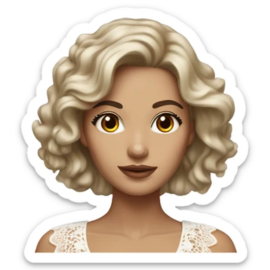 hyper realism Adult woman with brown eyes, light tanned skin, long wavy dark brown hair, wearing a white lace dress sticker