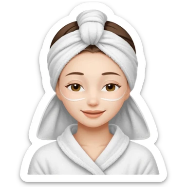 cute girl with her eyes closed and smiling, wearing a white spa towel as her clothes in she has a white spa towel on her head, white face skincare mask sticker
