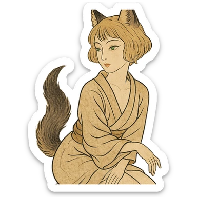 ukiyo-e inspired furry girl with wolf ears and tail, short blonde hair, green eyes, elegant pose, soft skin, ukiyo-e style sticker