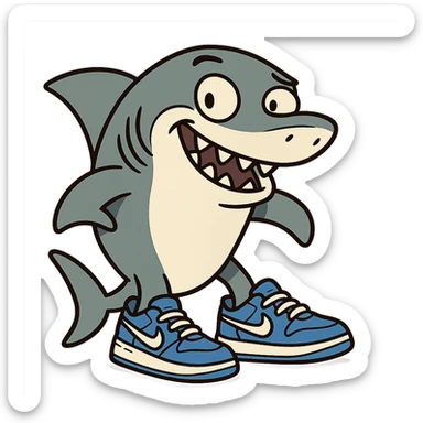 a fun and clear style shark with blue Nike shoes on its feet, cartoonish, playful, vibrant colors sticker