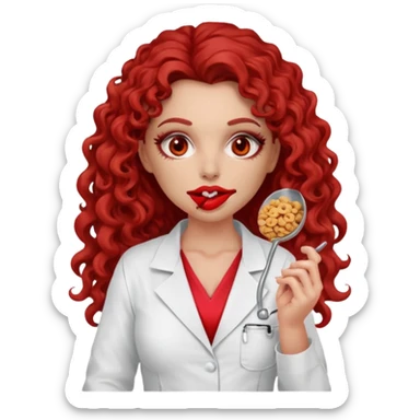Sensual Spanish Lilith core evil surgeon.red outfit.  Surgeon has red eyes. Her hair is brown long and  curly. wearing a sexy surgeon outfit with platform heels.she is a calculated smart cereal killer. She covers only her mouth and nose to hide identity  sticker
