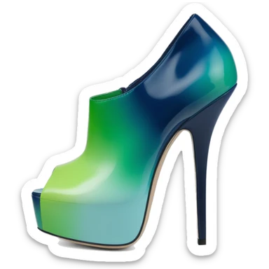 Realistic isolated top view of a pair of emerald green,sky blue,mint green,lime green and navy blue ombre Jimmy Choo peep toe stiletto ankle booties. sticker