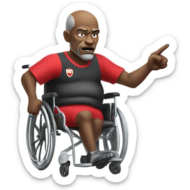 old black bald man with a protruding round pot belly in wheelchair. angry face. grey stubble. he is pointing finger in front. Arsenal soccer shirt. mouth word bubble sticker