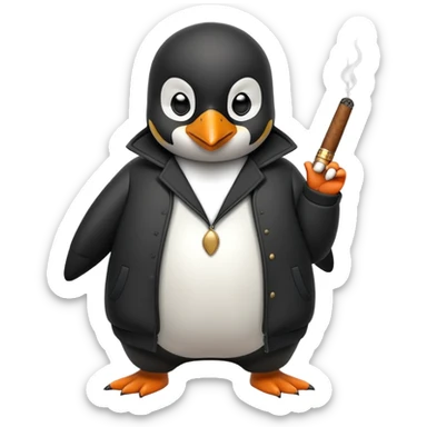 friendly anthropomorphised penguin wearing a mafia-style tracksuit, holding a cigar, confident pose, scheming soprano vibe sticker