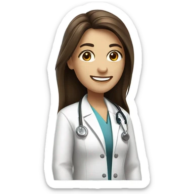 doctor, white skin, long straight hair, part in the middle of the hair, brown hair, big smile, female, baggy labcoat sticker