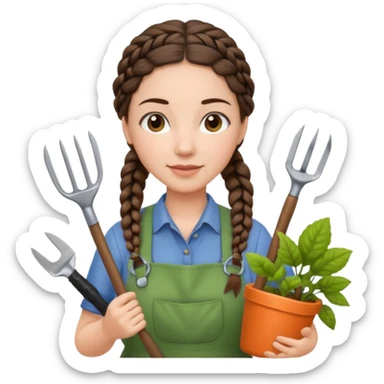 Brunette female gardener with braids holding tools sticker