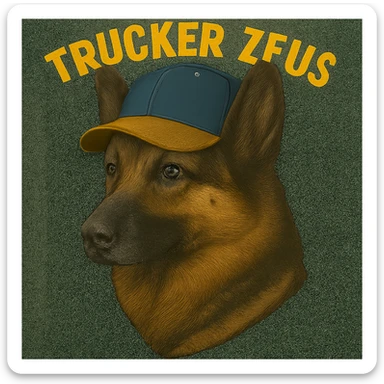 Reduce the image file size as much as technically possible, even if it lowers image quality, while keeping the background fully transparent, the realistic German Shepherd, and yellow 'Trucker Zeus' text. sticker
