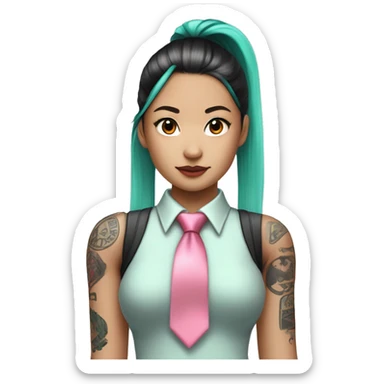 An Asian girl with long mint colored twin ponytail wearing a sleeveless silver shirt, a mint colored tie, and a black flared arm sleeve with a red 01 tattoo on her left arm has a pink square with a black border running through each ponytail sticker