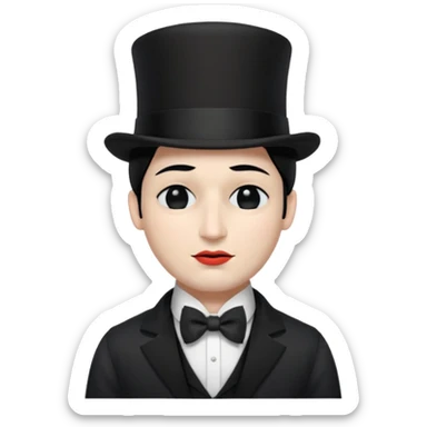 A man with snow white skin, a black half mask with an eye hole, a black top hat, a black vest with a black tie tucked underneath, and a white collared shirt. Closed eyes. sticker